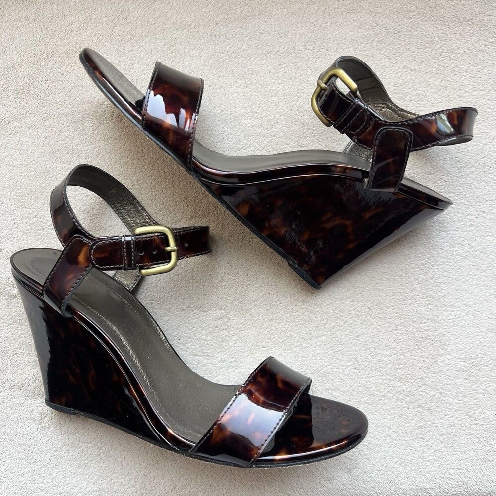 Stuart Weitzman Patent Leather Tortoise High Wedge Heel Sandals Women 10 M